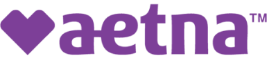 The image shows the Aetna logo in purple, symbolizing their commitment to health services like autism treatment in New Jersey. The logo features a heart shape followed by "aetna" in bold lowercase with a small superscript "TM," all set against a white background.